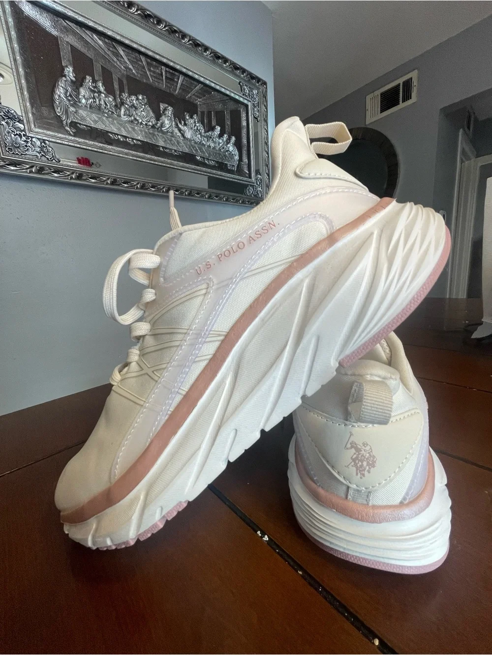 U.S. Polo Assn. Women's Cream Sneakers with Pink Accent